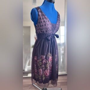 Rene Derhy Brown Polka Dot & Floral Shear Cottage Core Boho Dress Size S